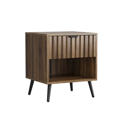 Moderner Nachttisch mit integrierter Schublade. Geeignet für Schlafzimmer, Flur, Wohnzimmer und Kinderzimmer. Farbe: Walnuss. Maße: 45 x 40 x 53 cm. 1 Stück.