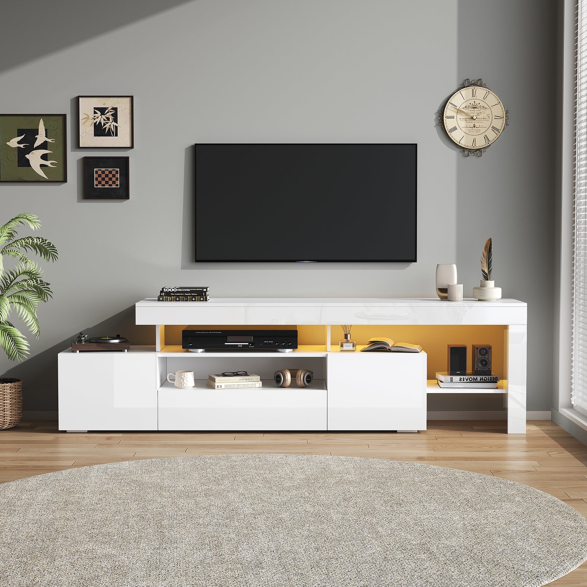 192*37*53cm TV schrank mit 3 schränke ,TV stand und Fernsehschrank Mit LED,Hochglanz Lowboard und Fernsehtisch,TV-Board und TV-Kommode Geeignet für Fernseher um 85 Zoll, Weiß