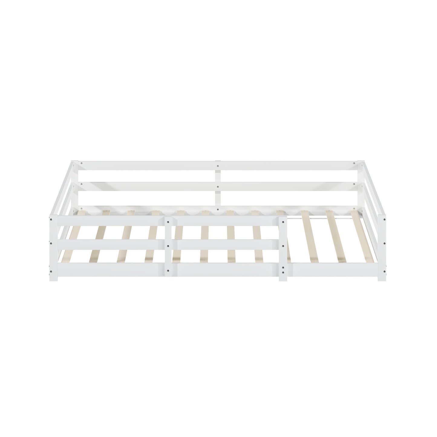 Montessori Bodenbett mit 4-Seiten-Gitter – Vollflächig, kein Lattenrost benötigt, Kiefernholz, einfach aufzubauen (140x200 cm, weiß)