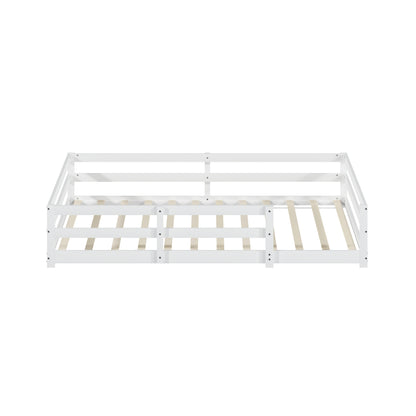 Montessori Bodenbett mit 4-Seiten-Gitter – Vollflächig, kein Lattenrost benötigt, Kiefernholz, einfach aufzubauen (140x200 cm, weiß)