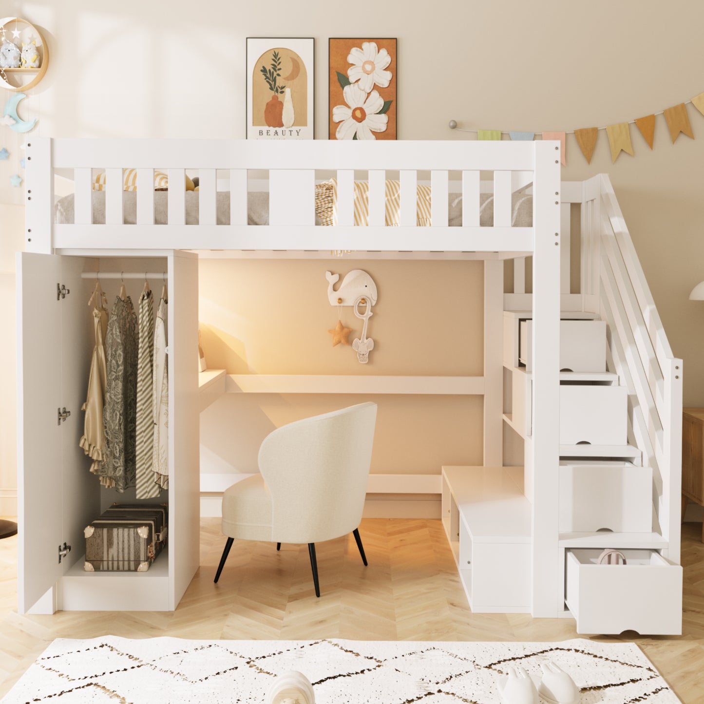 Wooden Bed, Stairs with Storage, and Desk Set