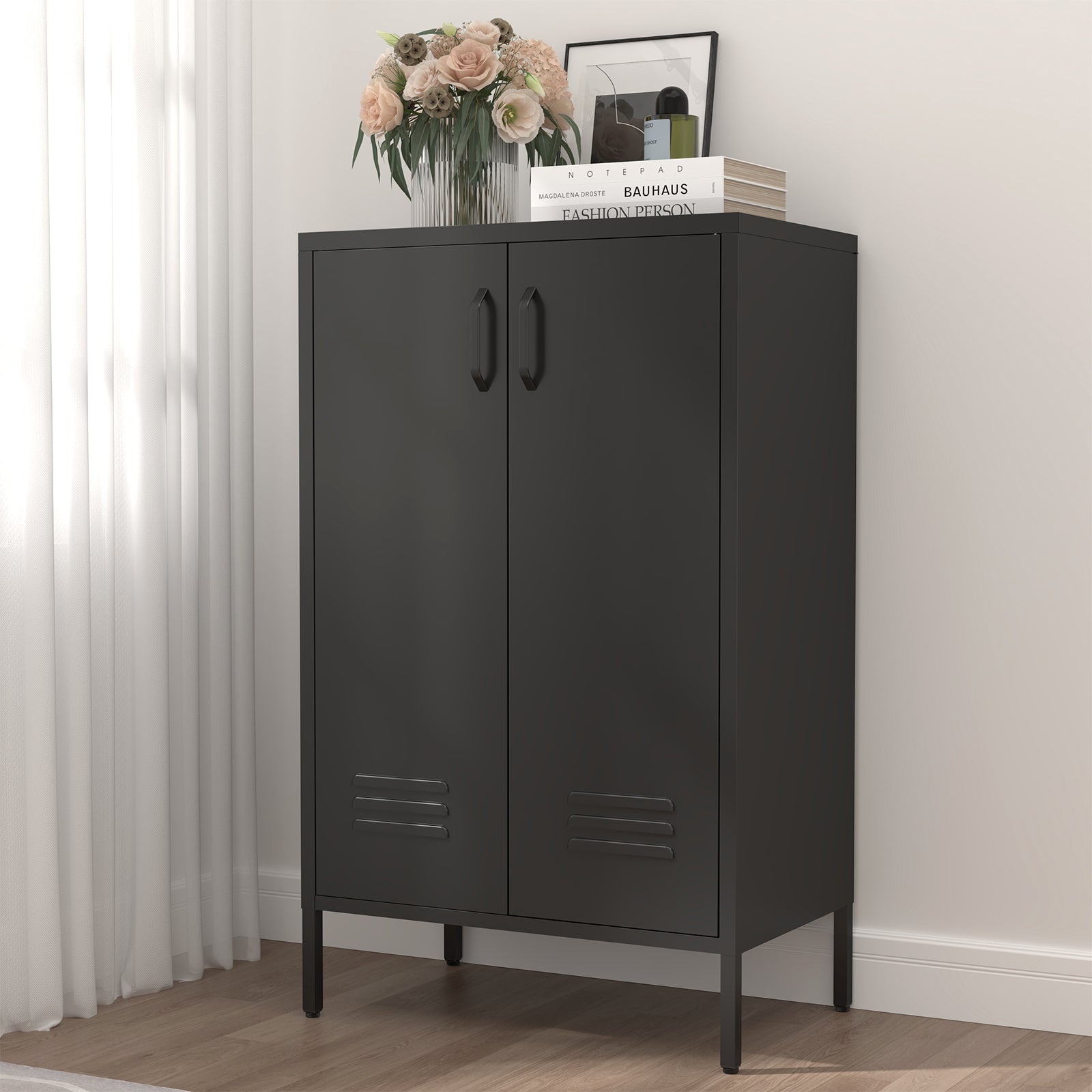 Black Steel Storage Cabinet with 2 Doors & 2 Adjustable Shelves, Multifunctional Cabinet for Living Room, Kitchen, Bedroom, Garage Tool Storage and Office File Organization