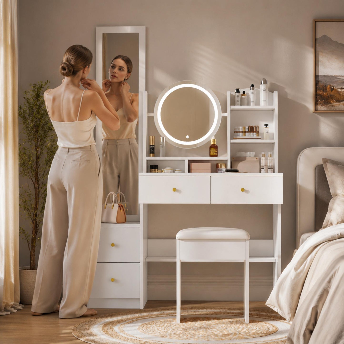 4-in-1 schminktisch,Make-up Tisch,mit Ganzkörperspiegel und drehbarem Tischspiegel, Schminktisch Hocker,  3 Farben LED-Beleuchtung, Metallgriff, Weiß, Maße: H164 cm × B109 cm × T36 cm