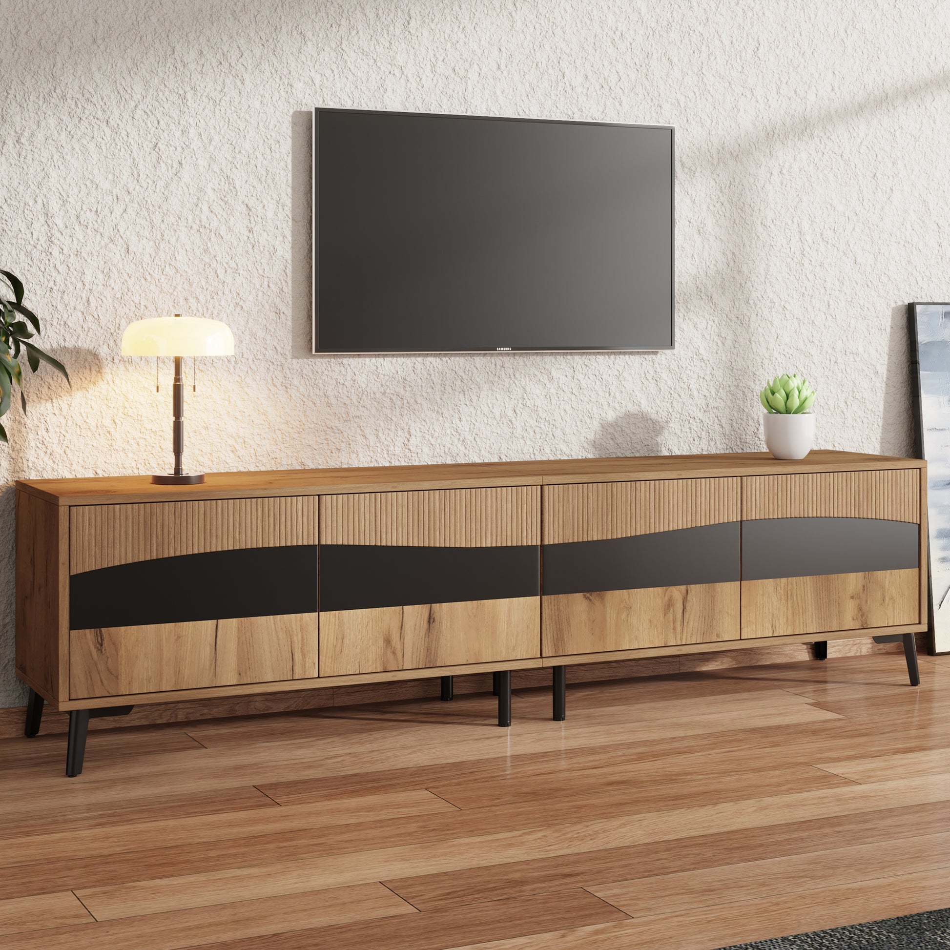 180*40*50cm Fernsehschrank,Holzfarbe + schwarzer Spleiß-TV-Ständer,TV-Schrank mit 4 Schränken,Wohnzimmerschrank mit 8 Stützbeinen, empfohlene Tragkraft 30kg, Symmetrisches Design,Lowboard