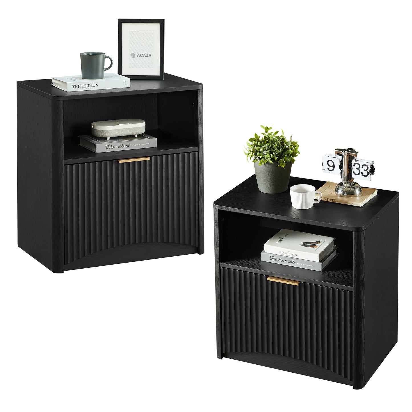 Space-Saving Nightstand with Open Drawer and Gold Handles