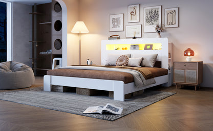 Bettgestell aus Holz mit Stauraum im Kopfteil, LED-Beleuchtung, integrierten Steckdosen, modernes Plattformbett in Weiß180 x 200 cm