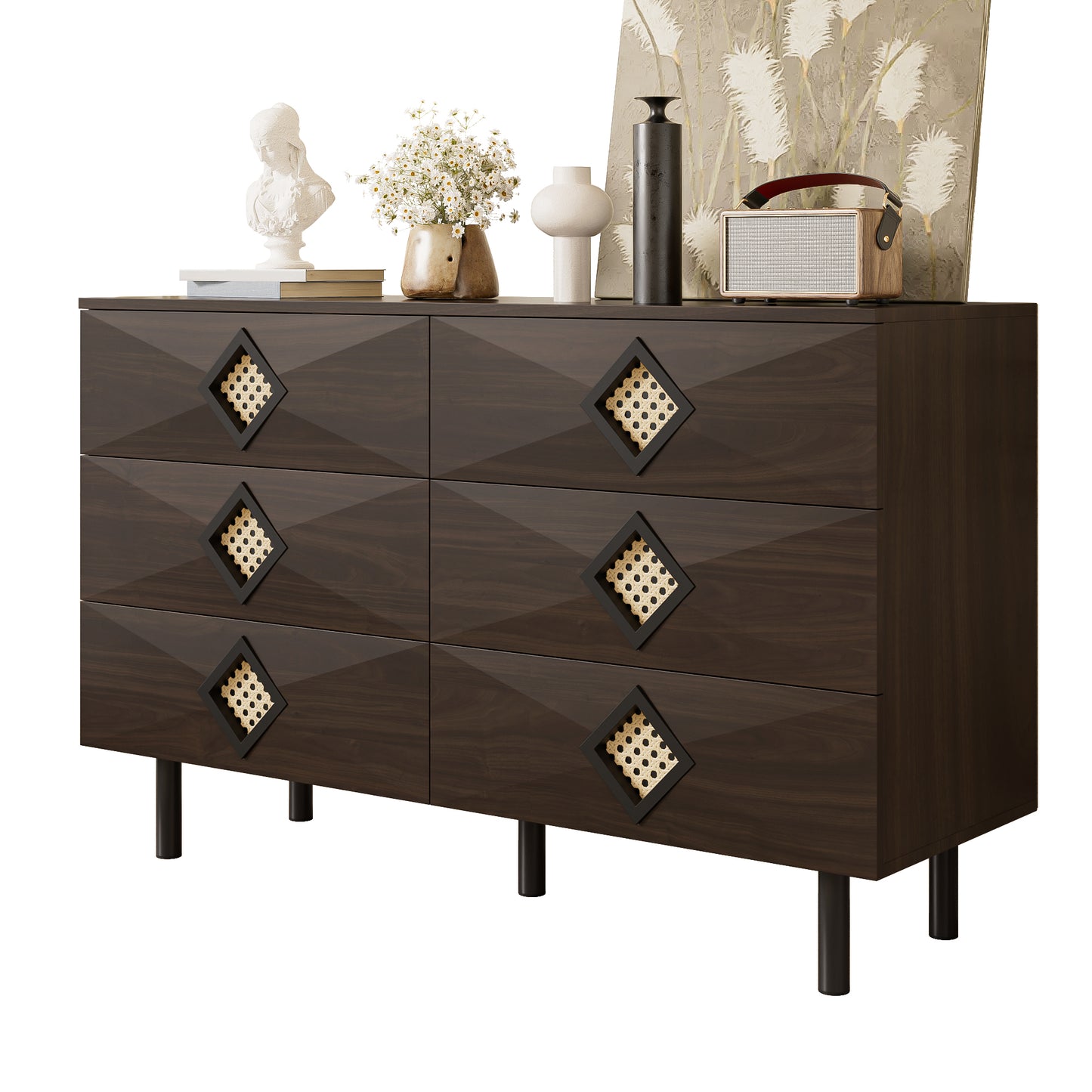 Gigab2b original image - Eleganter 6-Schubladen Schminktisch mit Rattan-Griff, für Schlafzimmer & Wohnzimmer – Praktischer Stauraum & Stabilität, Perfekt für Ihr Zuhause