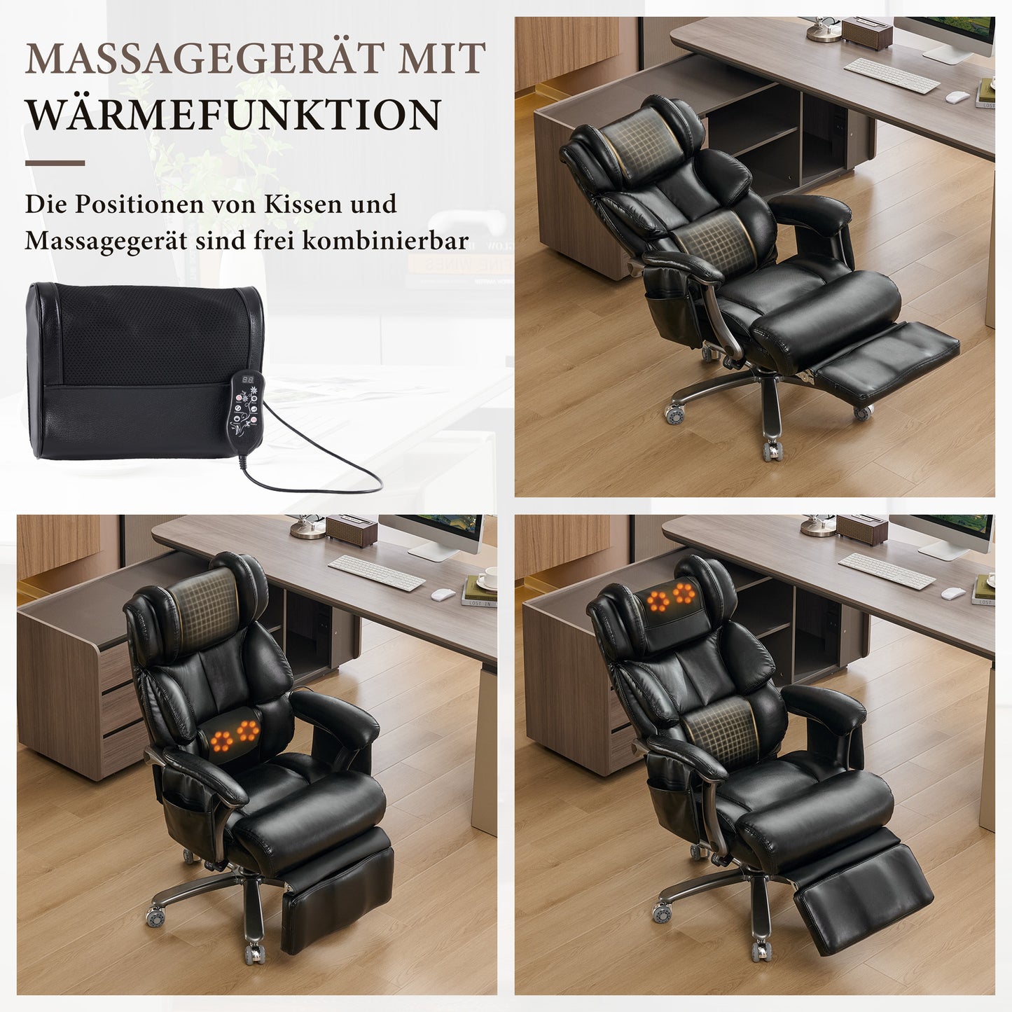 002-XXL Ergonomischer Bürostuhl, komfortabler Chefsessel mit Massage- und Heizfunktion, PU-Leder, Fußstütze, drehbar, verstellbare Rückenlehne, bis 150 kg, für Büro und Home Office (Schwarz)