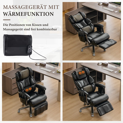 002-XXL Ergonomischer Bürostuhl, komfortabler Chefsessel mit Massage- und Heizfunktion, PU-Leder, Fußstütze, drehbar, verstellbare Rückenlehne, bis 150 kg, für Büro und Home Office (Schwarz)