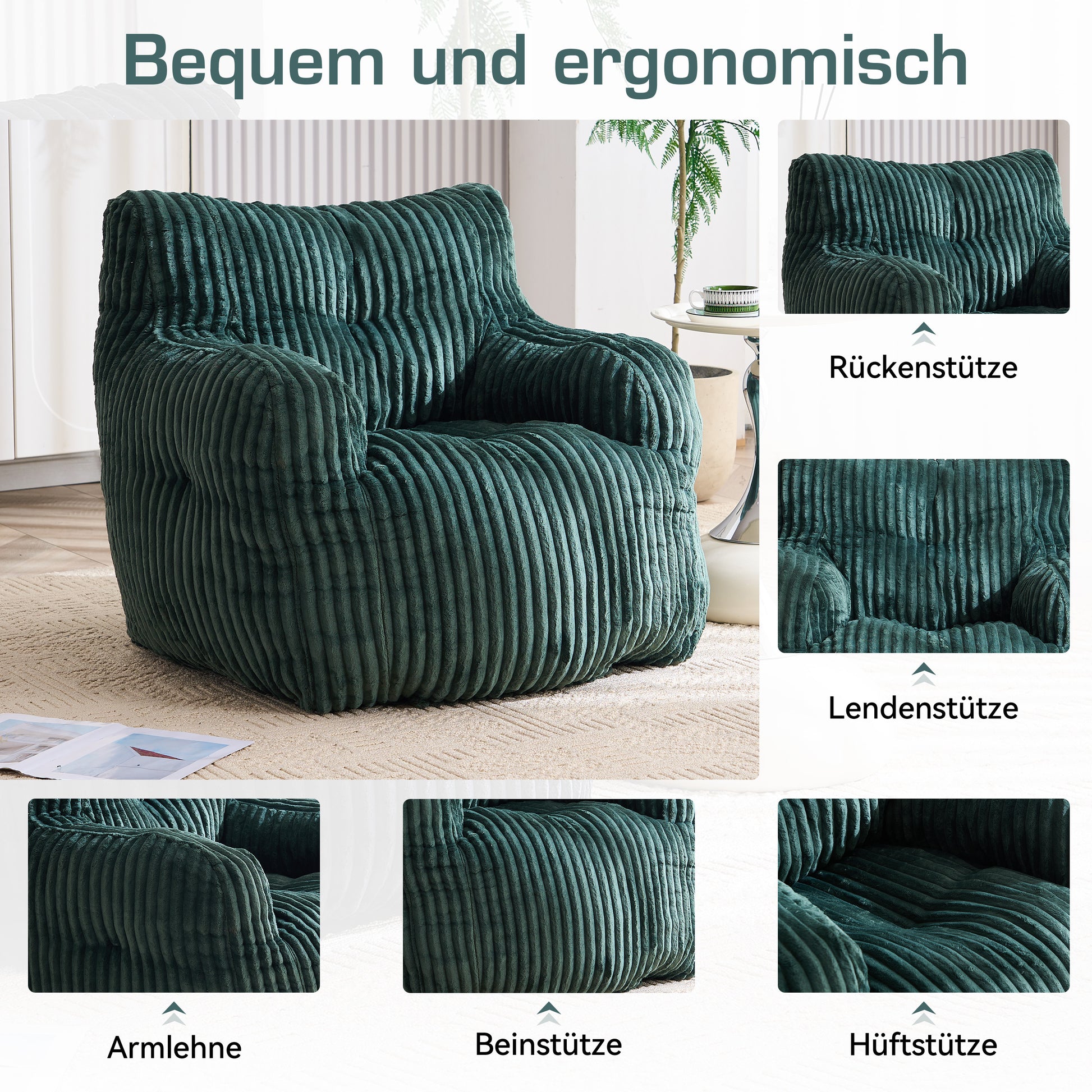 010-Soft gepolsterter Schaumstoff-Sitzsack mit Cord-Bezug, Grün