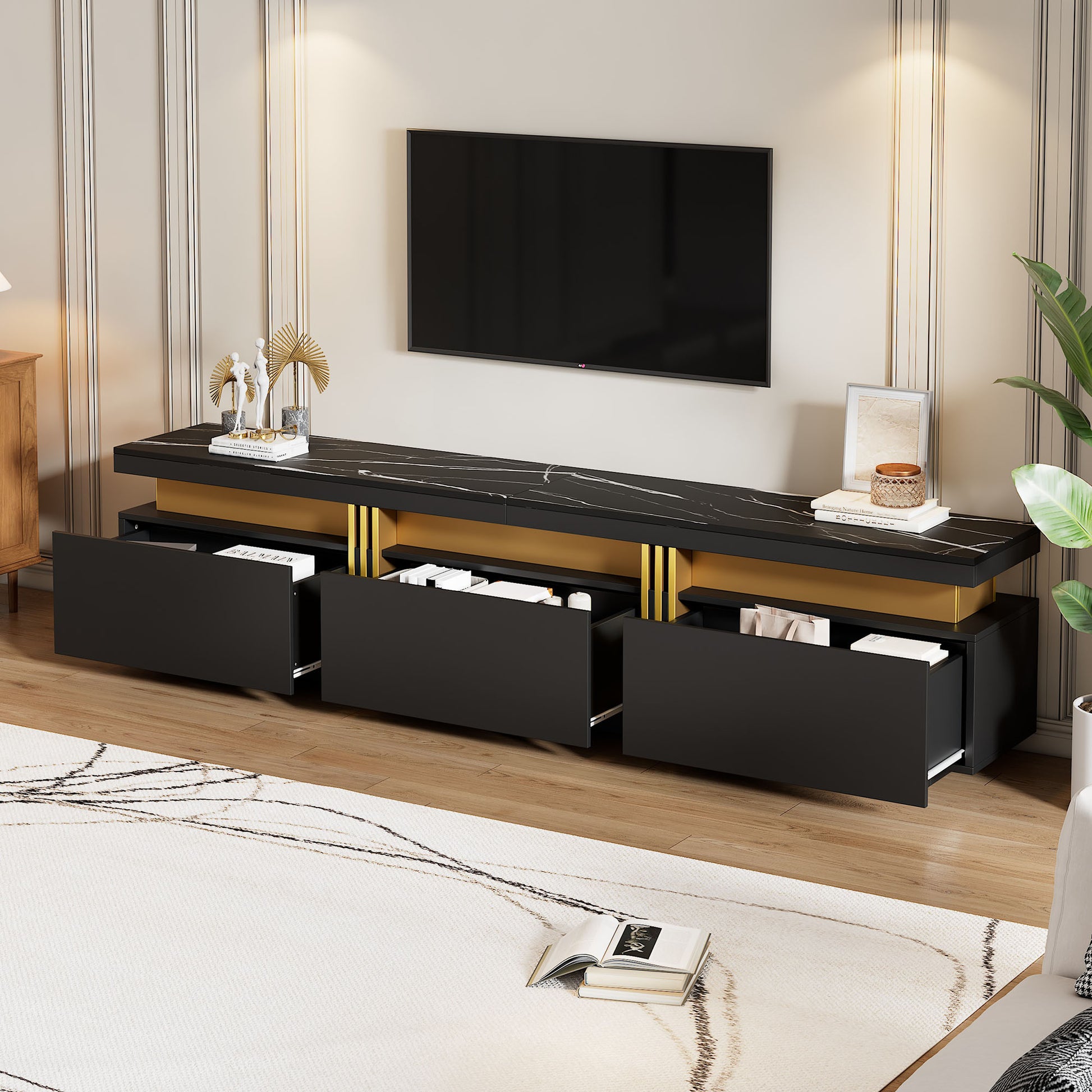 Gigab2b original image - Moderner Lowboard TV-Schrank mit Marmor-Optik, TV-Board,  TV-Kommode, 200 x 40 x 42 cm – Für Fernseher bis 90 Zoll, Drei Schubladen und 1 Kabelmanagement