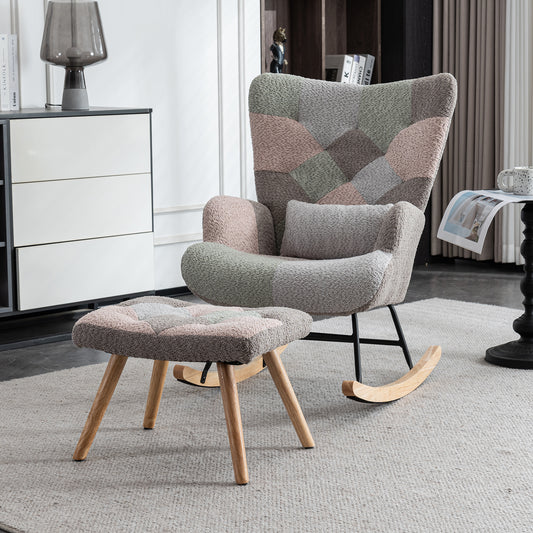 Bequemer bunter Schaukelstuhl, 93 cm hoch, Sitzbreite 43 cm – inklusive 1 Fußstütze (49*38*37 cm) und 1 Lendenkissen, stabiles Gestell aus Gummibaumholz, mehrfarbiges Design, Loungesessel