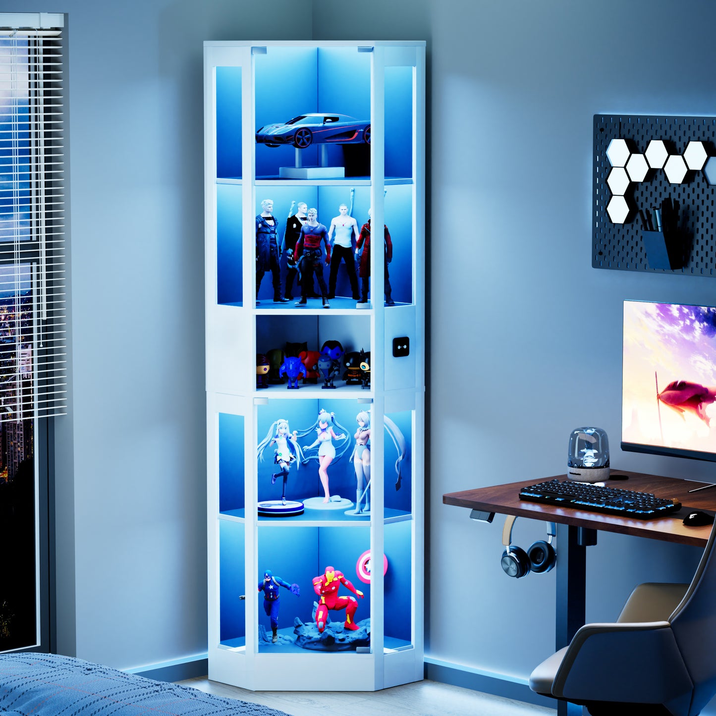 Gigab2b original image - Fünfstöckige Glasvitrine mit Stauraum, LED-Beleuchtung, Glastüren und intelligenten Sensoren. Geeignet für Wohnzimmer, Schlafzimmer und Büros.Weiß.