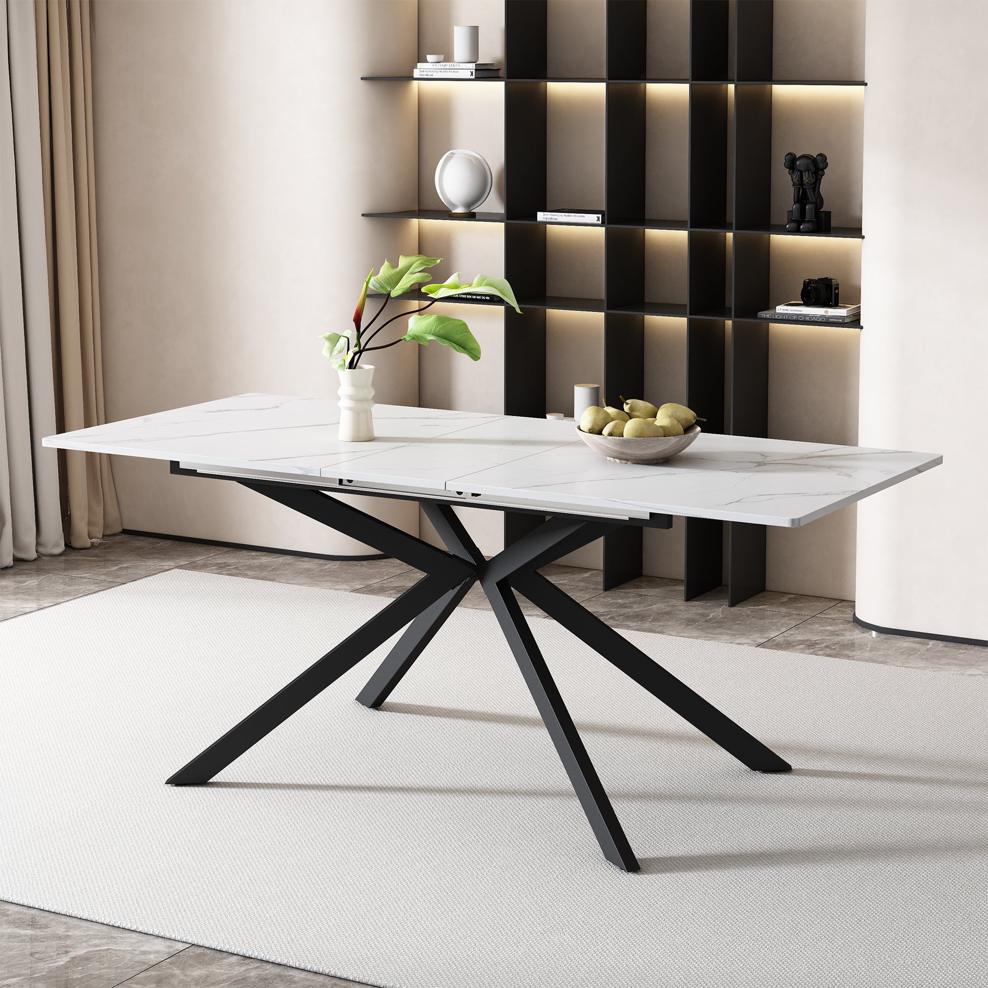 Gigab2b original image - Erweiterbarer Esstisch, automatisch ausziehbarer Esstisch, rechteckiger Esstisch, Kaffee-Freizeittisch, L150/180 x B70 x H76 cm, Kreuzbein-Design, Marmorstruktur, Schwarz und Weiß[OLD SKU:N634P167774]