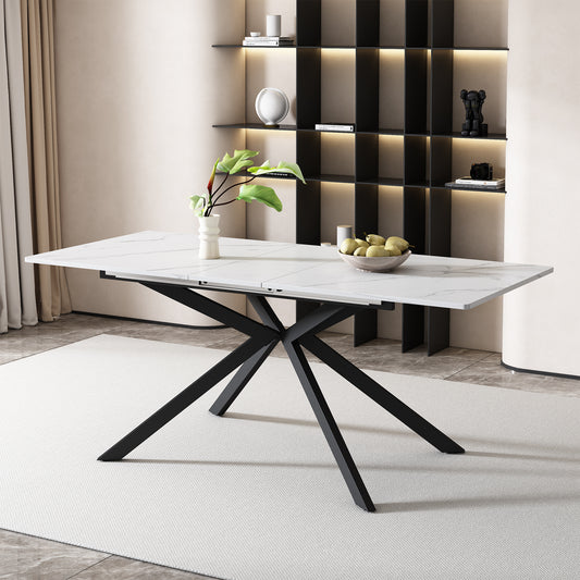 Gigab2b original image - Erweiterbarer Esstisch, automatisch ausziehbarer Esstisch, rechteckiger Esstisch, Kaffee-Freizeittisch, L150/180 x B70 x H76 cm, Kreuzbein-Design, Marmorstruktur, Schwarz und Weiß[OLD SKU:N634P167774]