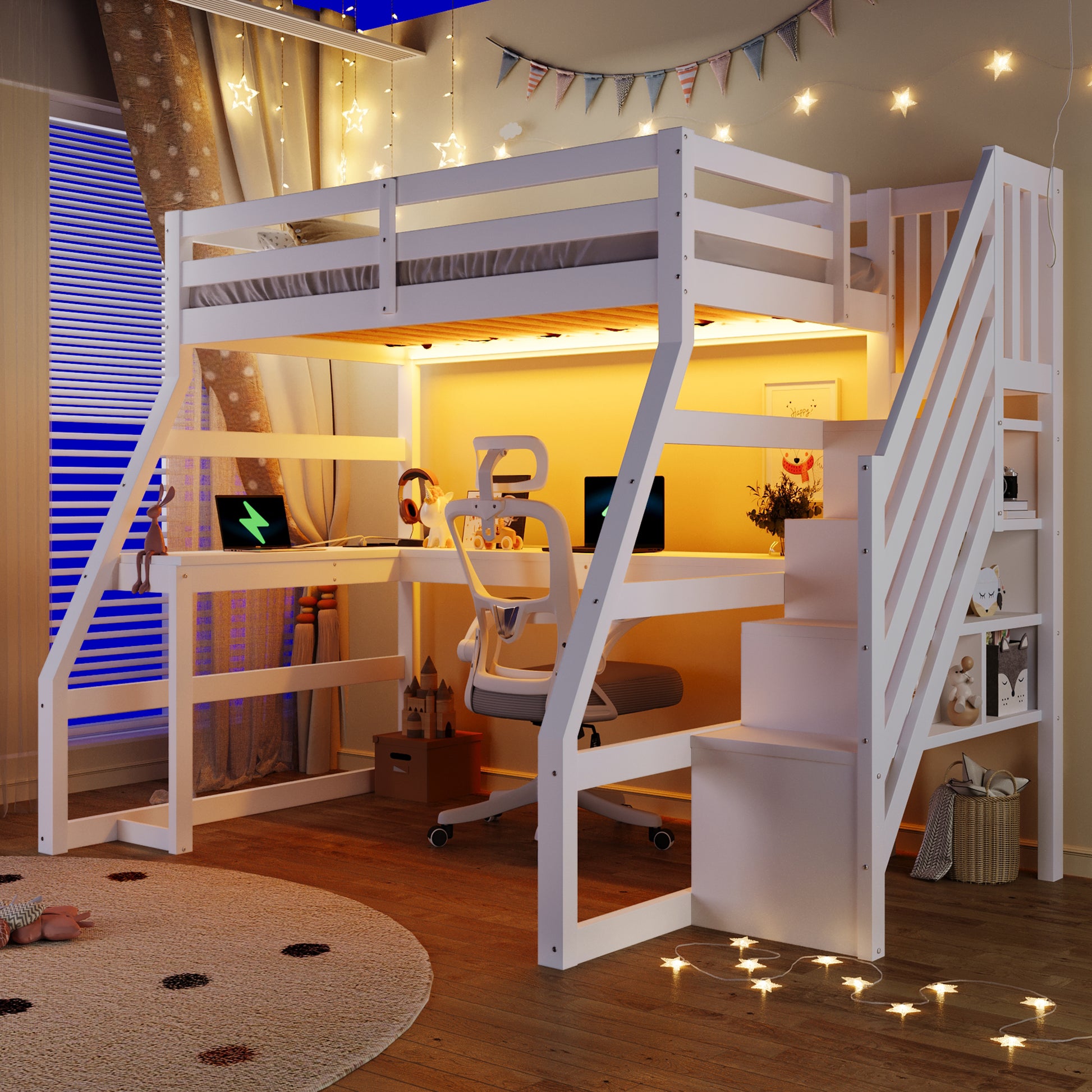 90x200 großes Hochbett aus Holz mit Schreibtisch, LED-Beleuchtung, USB-Anschluss und Treppe mit Stauraum, Weiß