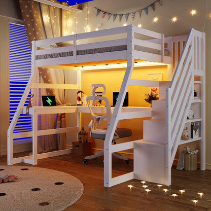 90x200 großes Hochbett aus Holz mit Schreibtisch, LED-Beleuchtung, USB-Anschluss und Treppe mit Stauraum, Weiß