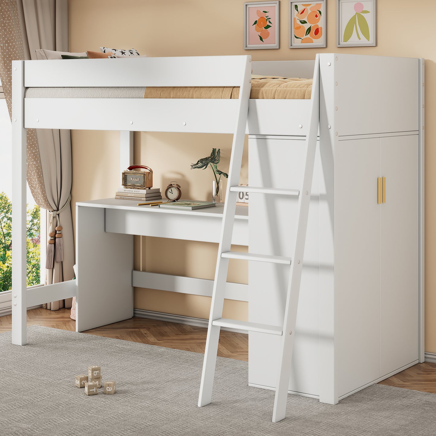 Gigab2b original image - Kinder-Hochbett, multifunktionales Kinderbett, mit Leiter, mit Schreibtisch, mit Kleiderschrank, frei kombinierbar, ohne Matratze, Massivholz, weiß 90*200
