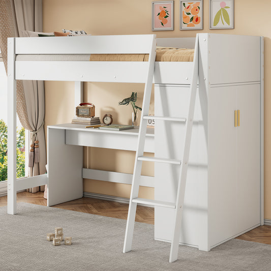 Gigab2b original image - Kinder-Hochbett, multifunktionales Kinderbett, mit Leiter, mit Schreibtisch, mit Kleiderschrank, frei kombinierbar, ohne Matratze, Massivholz, weiß 90*200