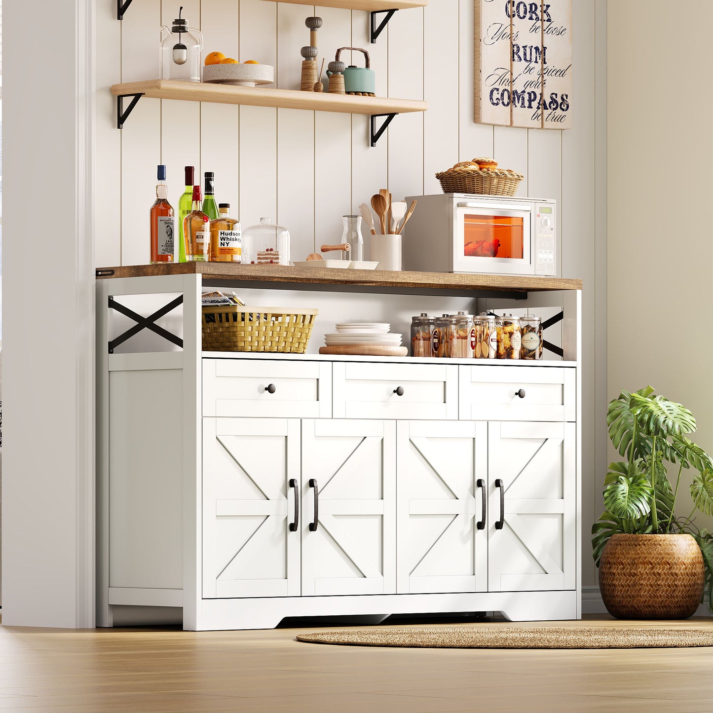 Buffet-Anrichte 140cm mit Stauraum, Kaffeebar mit 3 Schubladen, Konsole im Landhausstil mit Türen, Schränke mit Einlegeböden, geeignet für Küche, Wohnzimmer, Diele, rustikaler Stil weiß/braun