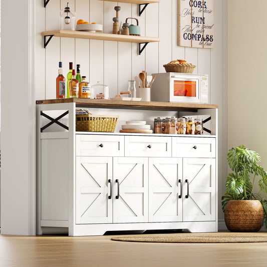 Buffet-Anrichte 140cm mit Stauraum, Kaffeebar mit 3 Schubladen, Konsole im Landhausstil mit Türen, Schränke mit Einlegeböden, geeignet für Küche, Wohnzimmer, Diele, rustikaler Stil weiß/braun