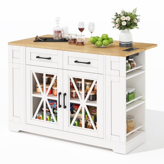120cm tragbare Kücheninsel mit klappbarem Esstisch, offener Ablage, AC-Anschluss, USB-Anschluss, Glastür, verstellbares Laminat, Rollen mit Bremsen für Küche, Esszimmer, Wohnzimmer und mehr.