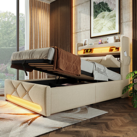 Gigab2b original image - Polsterbett Einzelbett 90*200, Stauraum Kopfteil mit USB und Typ C-Port ,360-Surround-LED-Funktion rund um Kopf- und Fußende des, Betten mit Hydraulisch Stauraum, Beige , Leinen(Ohne Matratze)