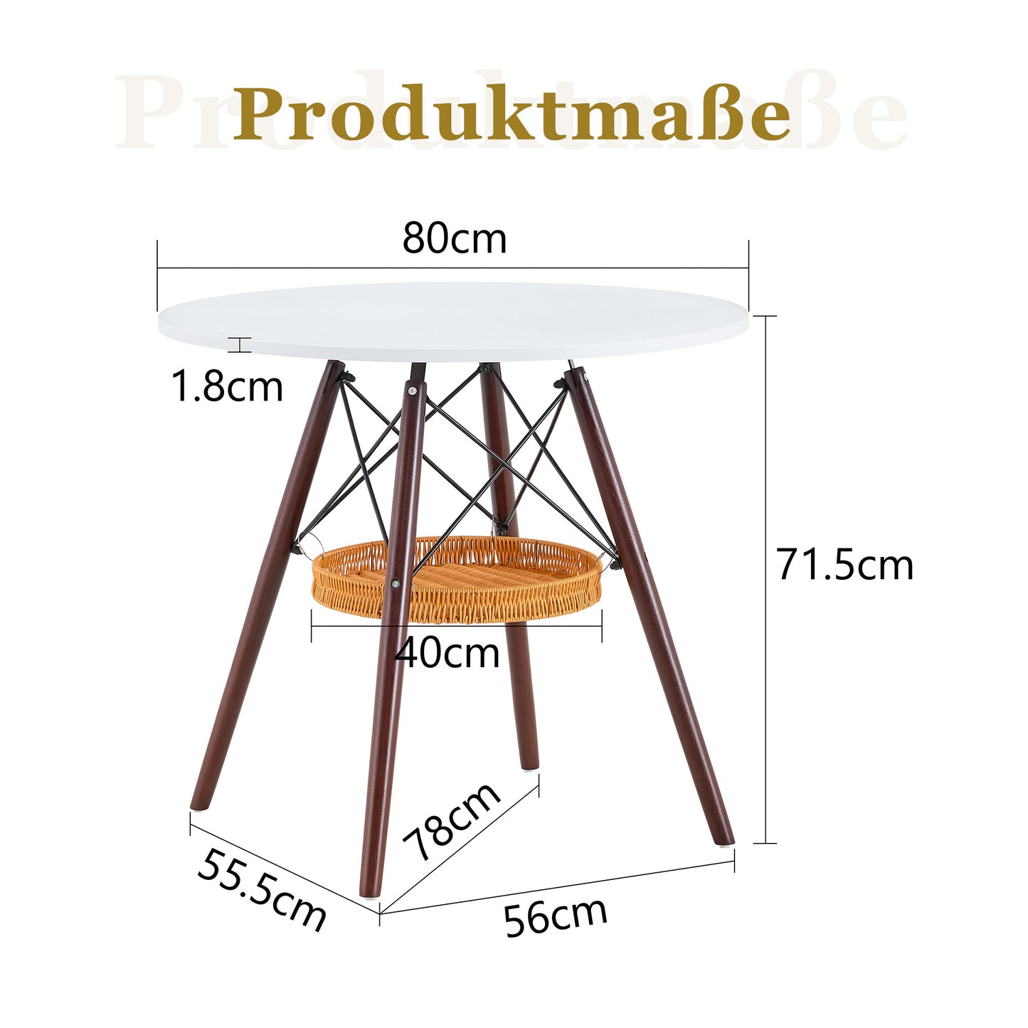 Runder Esstisch Ø 80 cm,Tischplatte aus weißem MDF, Tischbeine aus walnussfarbenem Massivholz, kombiniert mit einer schwebenden, geflochtenen Ablagekorbkonstruktion, geeignet für 2 bis 4 Personen.