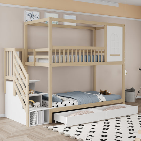 Gigab2b original image - Etagenbett Kinderbett 90*200cm, Massivholz Doppelbett, Hausform mit Fenstern, Sicherheitszaun-Design, Mit Aufbewahrungsschubladen und Sicherheitsleiter, Holzfarbe,Alte SKU LDB00242AAN