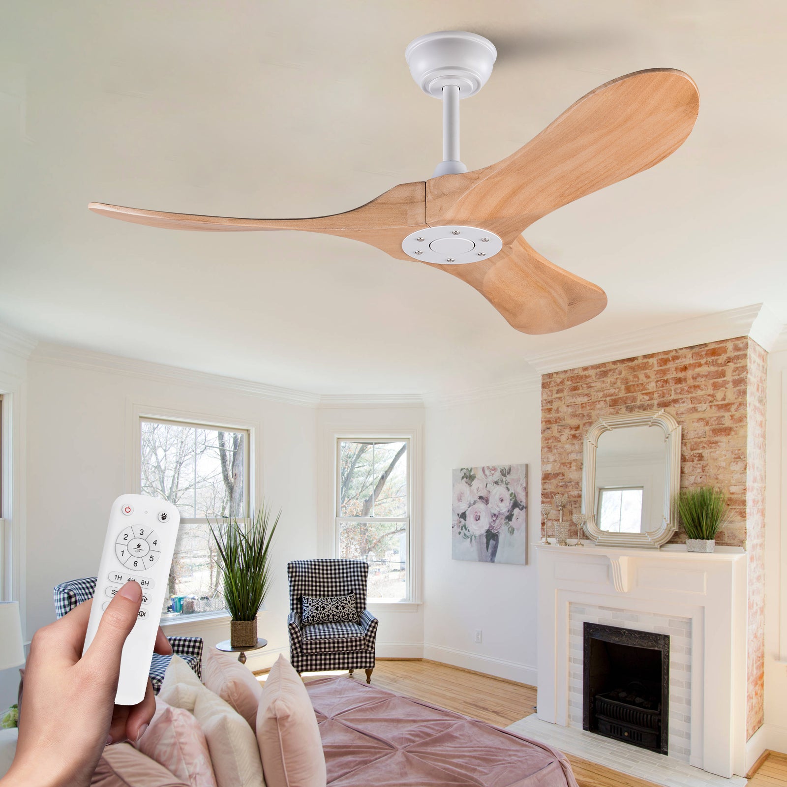 42-Zoll Deckenventilator mit 3 Holzflügeln und Propeller-Design, Speicherfunktion, Fernbedienung, Naturholz-Finish, moderner Innen- und Außenventilator für Terrasse, Wohnzimmer und Schlafzimmer