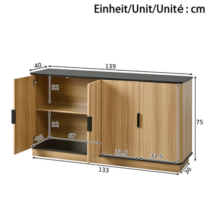 Sideboard 4-türig, vertikale Riffelung, Holzoptik, Schrank für Wohnzimmer, Flur, Esszimmer, Stauraum