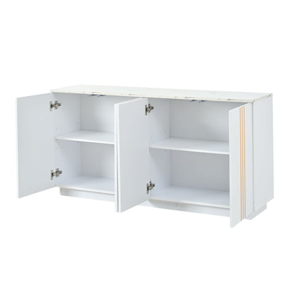 Wohnzimmer-Sideboard, Aufbewahrungsschrank mit 4 Türen, 35 x 140 x 70 cm.Design mit vergoldeten Linien,Spind mit verstellbaren Trennwänden,Kabinett,Geeignet für Wohnzimmer und Schlafzimmer,Weiß + Gold