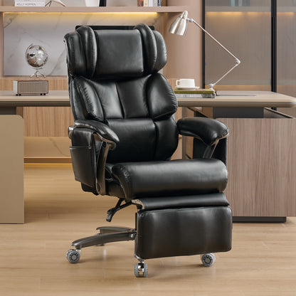 002-XXL Ergonomischer Bürostuhl, komfortabler Chefsessel mit Massage- und Heizfunktion, PU-Leder, Fußstütze, drehbar, verstellbare Rückenlehne, bis 150 kg, für Büro und Home Office (Schwarz)