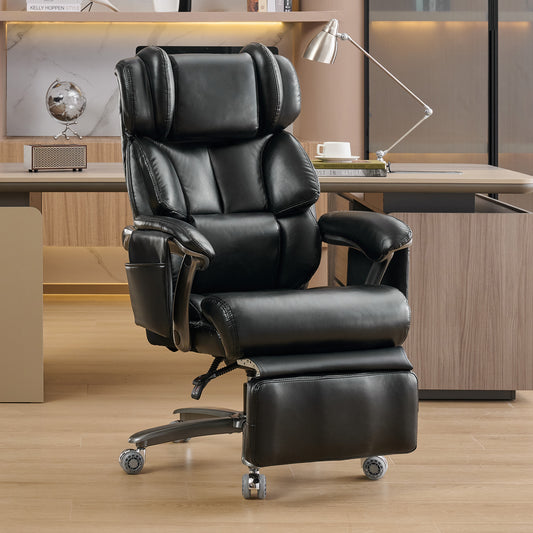 002-XXL Ergonomischer Bürostuhl, komfortabler Chefsessel mit Massage- und Heizfunktion, PU-Leder, Fußstütze, drehbar, verstellbare Rückenlehne, bis 150 kg, für Büro und Home Office (Schwarz)
