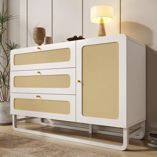 Gigab2b original image - Kommode Schrank mit Rattan & Goldgriffen, Landhausstil Weiß mit 3 Schubladen & 1 Türschrank, Höhenverstellbare Regale & Kippsicherung, 120x85x40 cm (B/H/T)