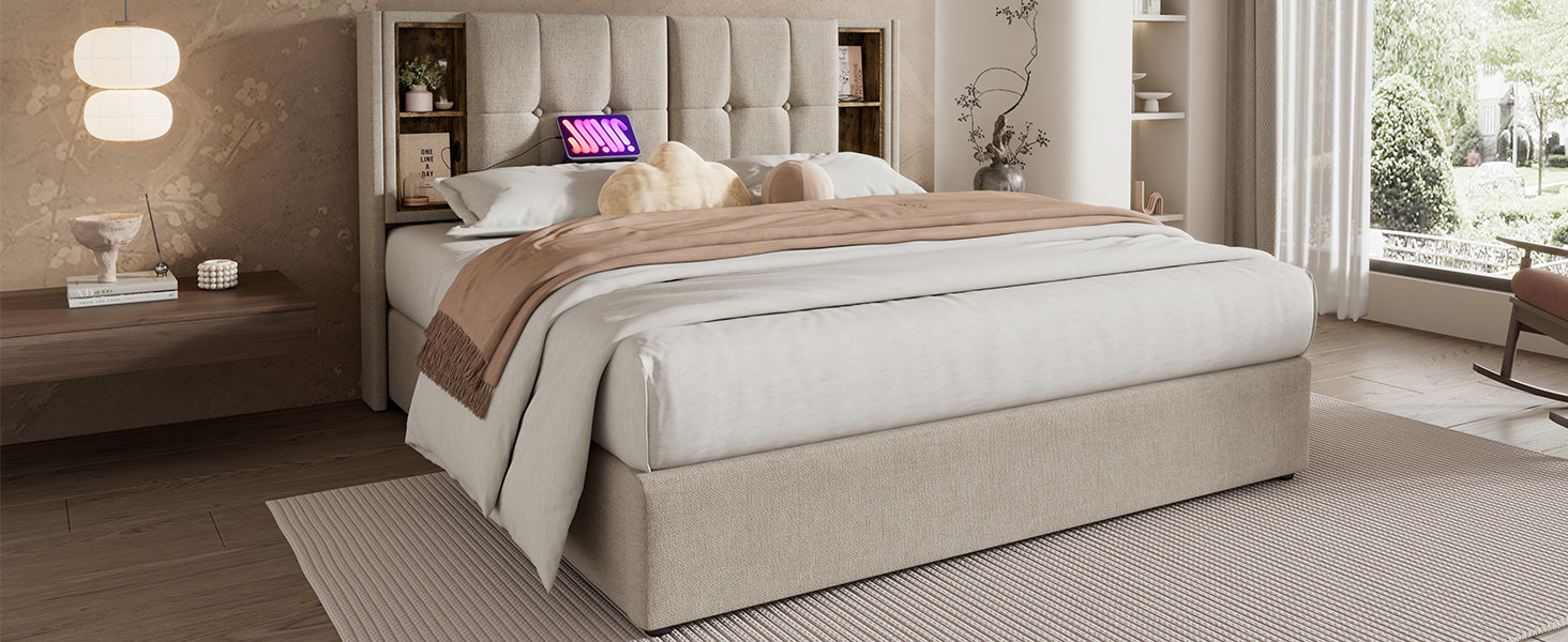(=AB20359798N)Doppelbett mit Kabellosem Laden USB C, Polsterbett  Bettgestell 180x200cm,Bettgestell mit Stauraum Lattenrost aus Holz-Natürlich Leinen