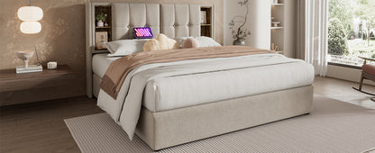 (=AB20359798N)Doppelbett mit Kabellosem Laden USB C, Polsterbett  Bettgestell 180x200cm,Bettgestell mit Stauraum Lattenrost aus Holz-Natürlich Leinen