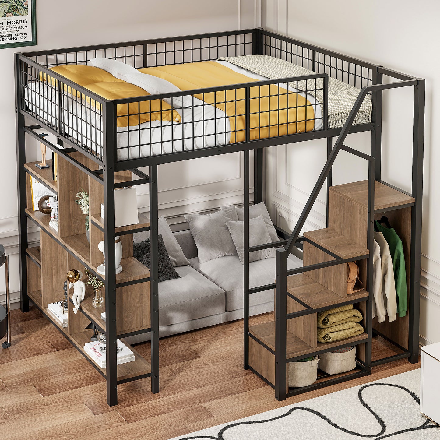 Gigab2b original image - Multifunktionales Hochbett 140 x 200 cm, Metallbett mit Stauraum, Ablageflächen und Treppe, Erwachsenenbett und Kinderbett, Schwarz, Alte SKU LDB00273AAB
