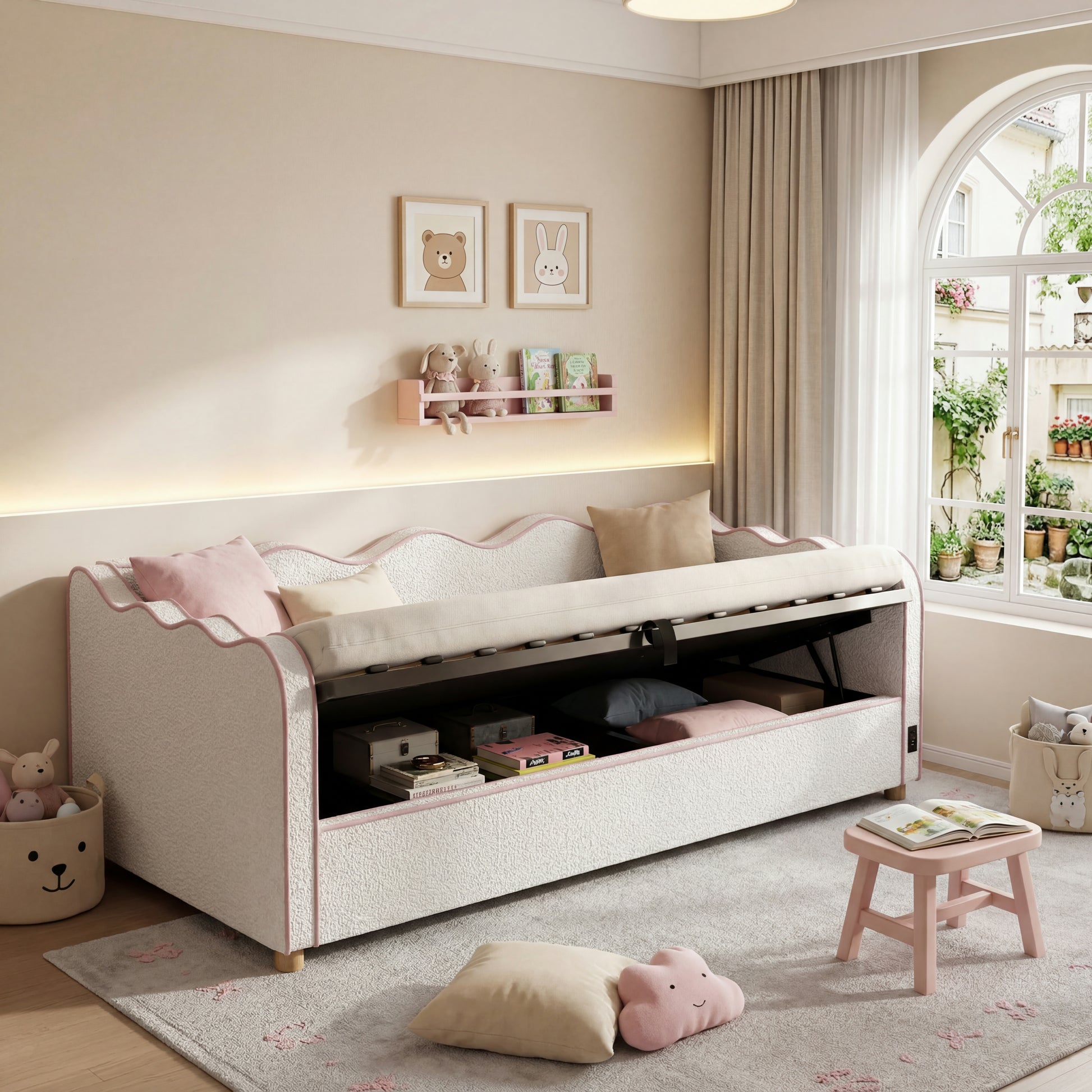 Daybett 90x200 cm mit hydraulischem Stauraum, Polsterbett, Tagesbett, Schlafsofa mit USB & Rückenlehne, bouclé, beige