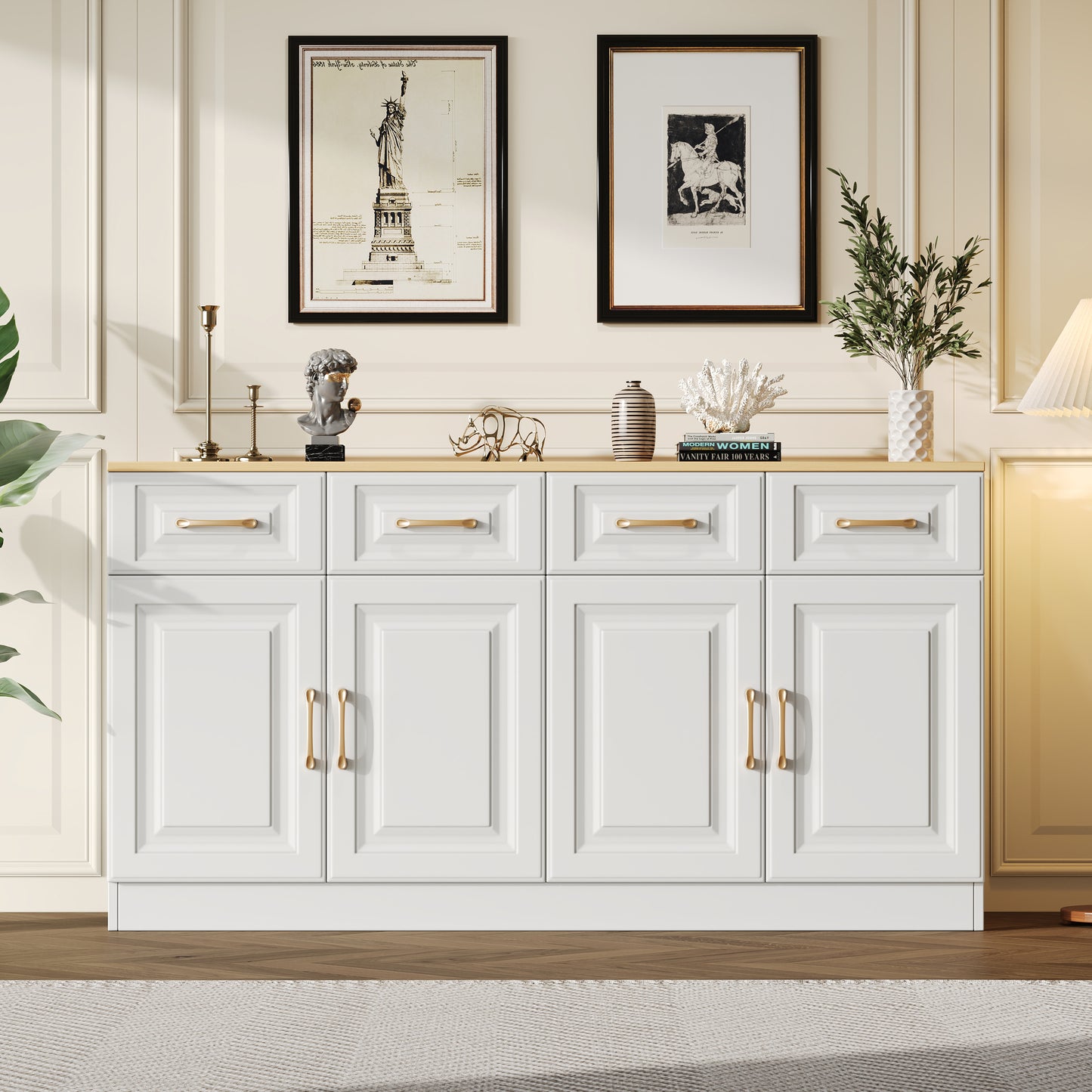 140 cm Sideboard-Buffetschrank mit Stauraum, Kaffeebarschrank mit 4 Schubladen und 4 Scheunentüren, langer Lagerschrank im modernen Bauernhausstil, weißes Holz, für Küche, Esszimmer, Wohnzimmer