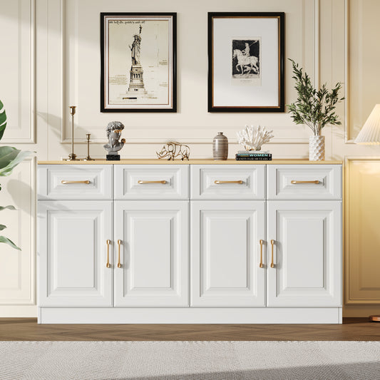 140 cm Sideboard-Buffetschrank mit Stauraum, Kaffeebarschrank mit 4 Schubladen und 4 Scheunentüren, langer Lagerschrank im modernen Bauernhausstil, weißes Holz, für Küche, Esszimmer, Wohnzimmer