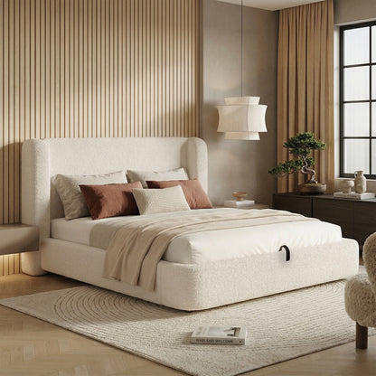 Polsterbett,Doppelbett,hydraulisches Funktionsbett,Bett mit Lattenrost, Kopfteil und  großem Stauraum, gepolstertes Kopfteil, Beige Bouclé, 180 x 200