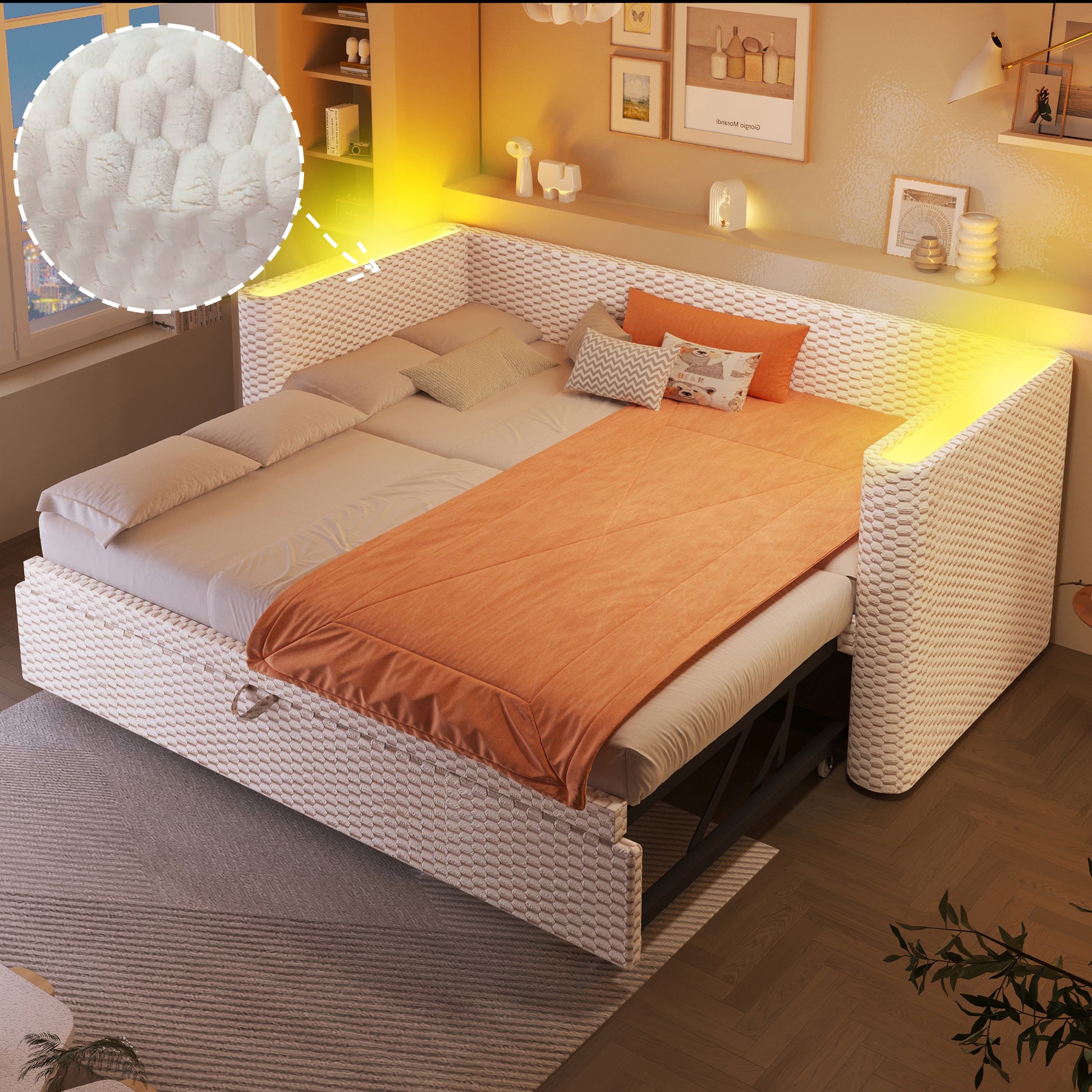 Gigab2b original image - Tagesbett, Daybett, Schlafsofa, 90 × 200 cm, 180 × 200 cm, multifunktionales Ausziehbett-Design mit LED-Lichtleiste, Lattenrost (ohne Matratze), Samt, beige