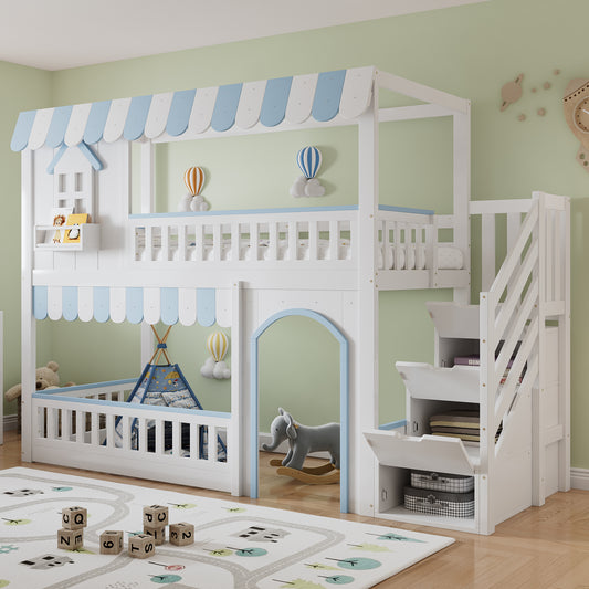 Gigab2b original image - Etagenbett, Kinderbett, Mit  Treppenaufbewahrungs-Schrank, Exquisit gearbeitete Fenster und dekorative Details, Stabiler Lattenrost, Kiefer + MDF+Sperrholz, Weiß+Blau, 90x200cm