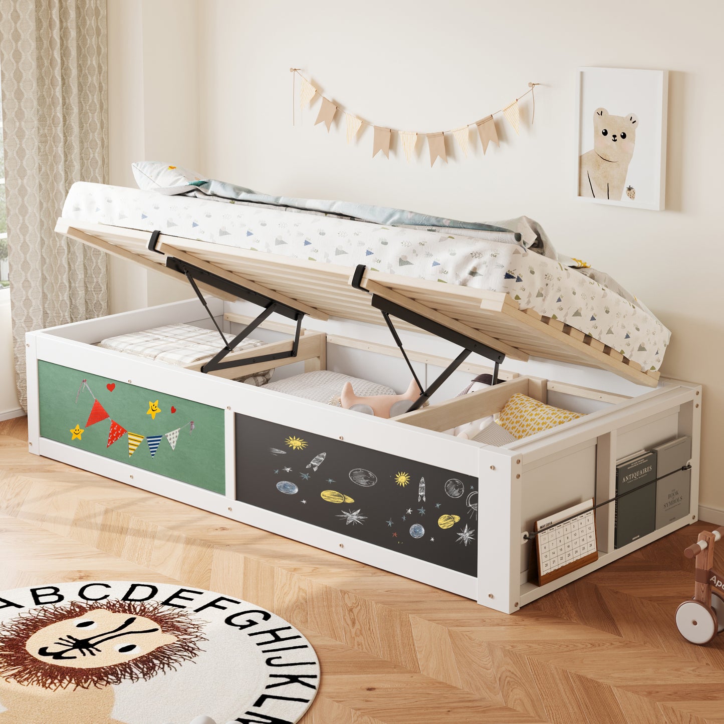 Gigab2b original image - Holzbett, 90 × 200 cm, mit hydraulischer Verstellung, Schreibplatte und filzbezogener Oberseite. Mit Stauraum für Bücher, Links/rechts montierbar. Einzelbett, Kinderbett, Weiß