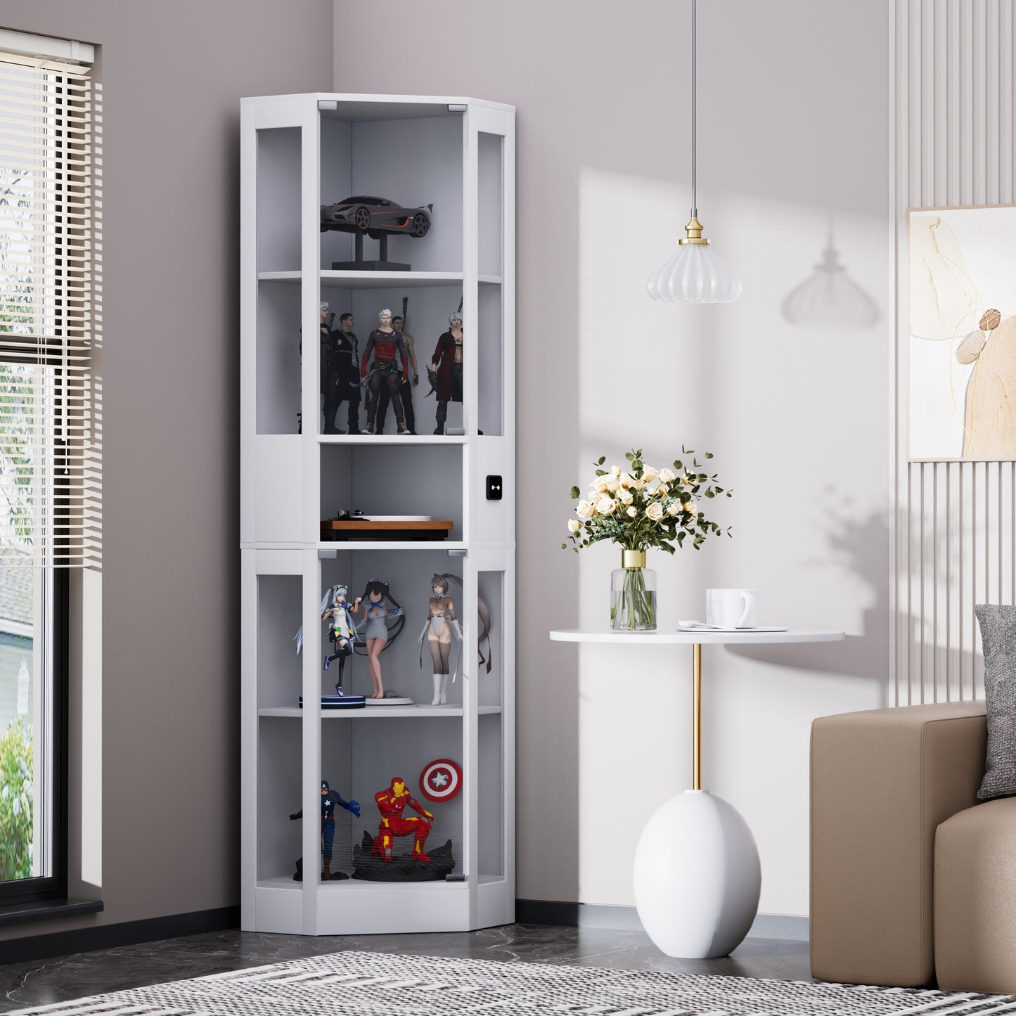 Funfstockige Glasvitrine mit Stauraum, LED-Beleuchtung, Glasturen und intelligenten Sensoren Geeignet fur