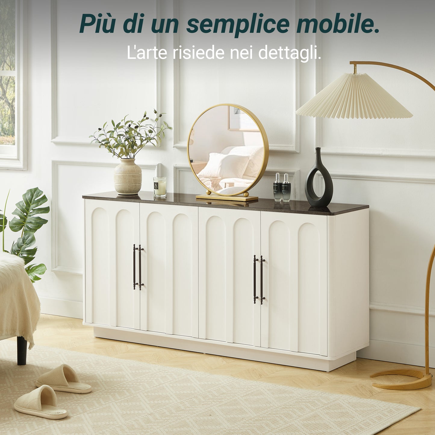 Bogenfront Sideboard mit 4 Türen, Soft-Close Scharnieren & Kippsicherung, 160cm Breiter Aufbewahrungsschrank für Wohnzimmer & Esszimmer, Weiß und schwarz