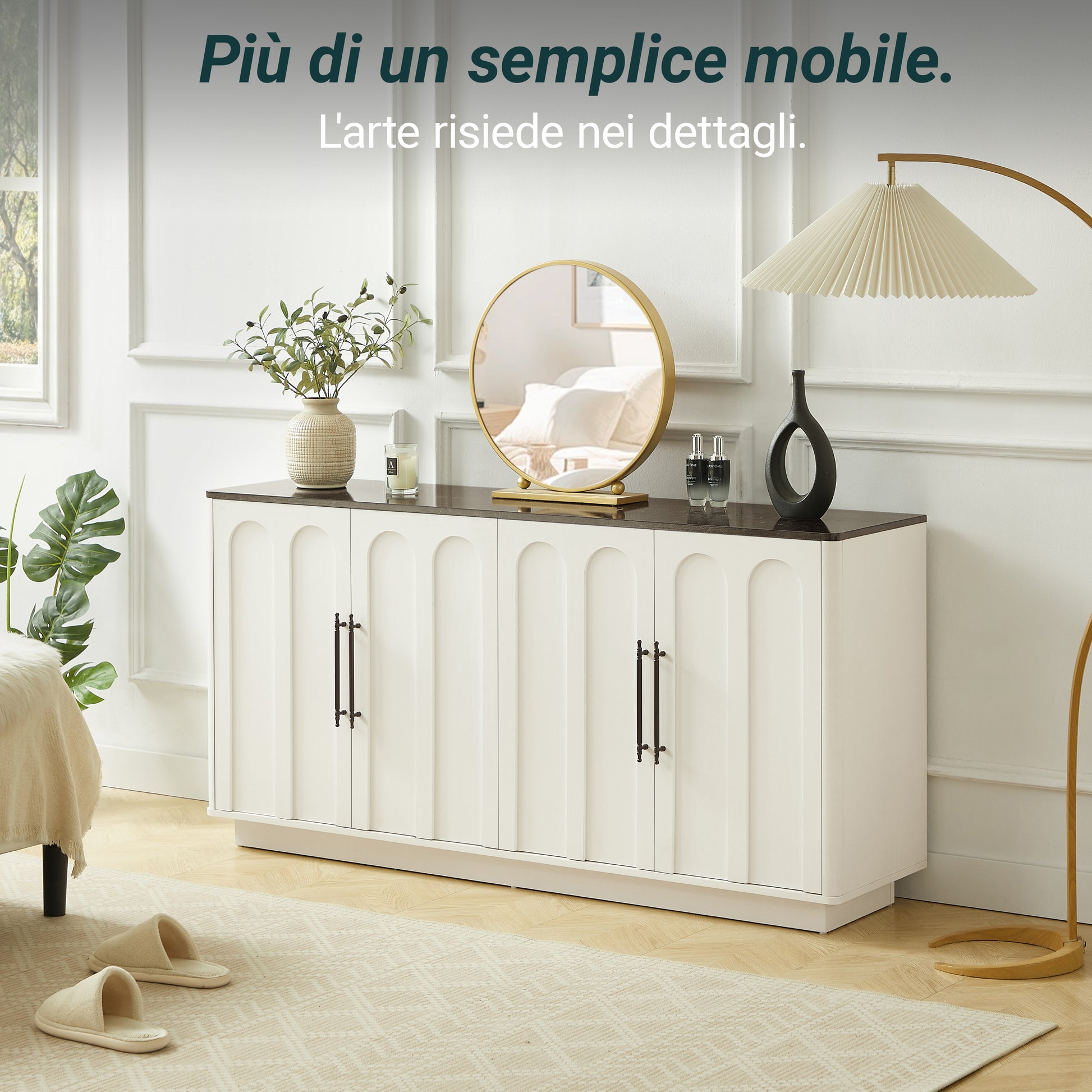 Bogenfront Sideboard mit 4 Türen, Soft-Close Scharnieren & Kippsicherung, 160cm Breiter Aufbewahrungsschrank für Wohnzimmer & Esszimmer, Weiß und schwarz