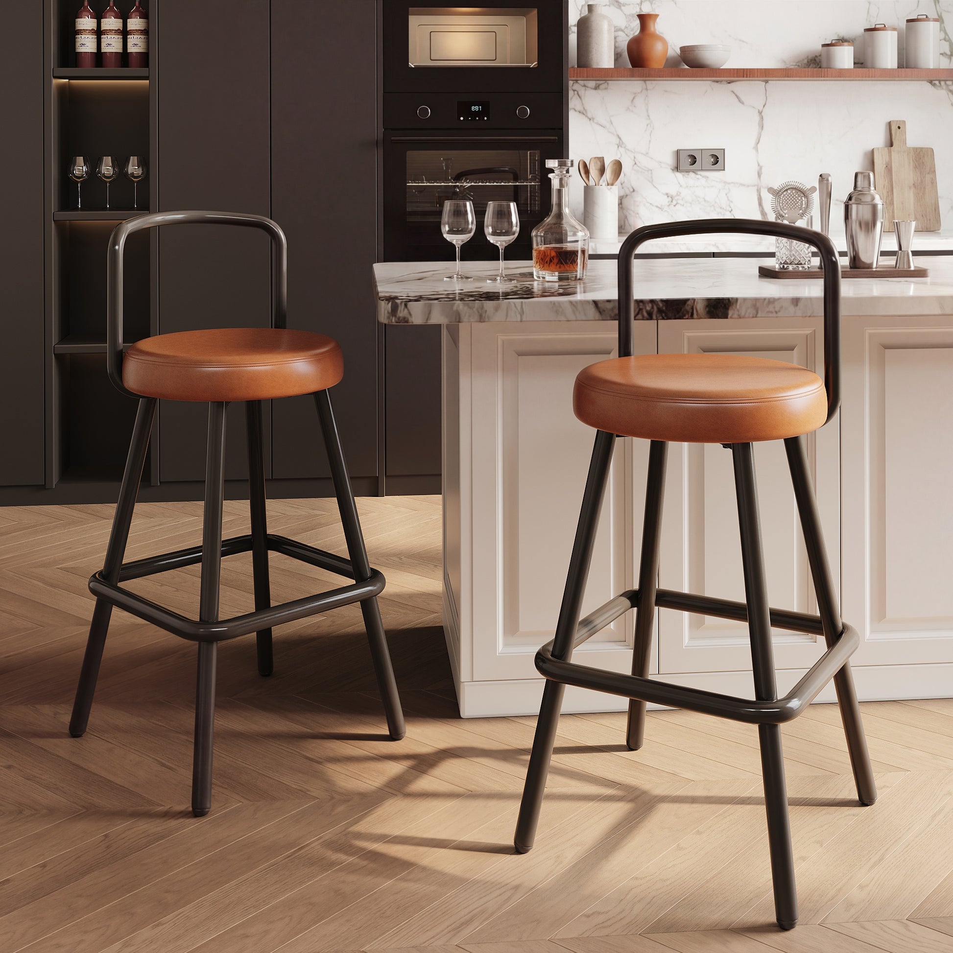 Gigab2b original image - Moderner Barhocker 2er Set mit ergonomischer Rückenlehne, wasserabweisendem PU-Leder und stabilen Eisenbeinen,Barstuhl mit Rückenlehne, Fußstütze für Bar Küchen & Esszimmer, Braun