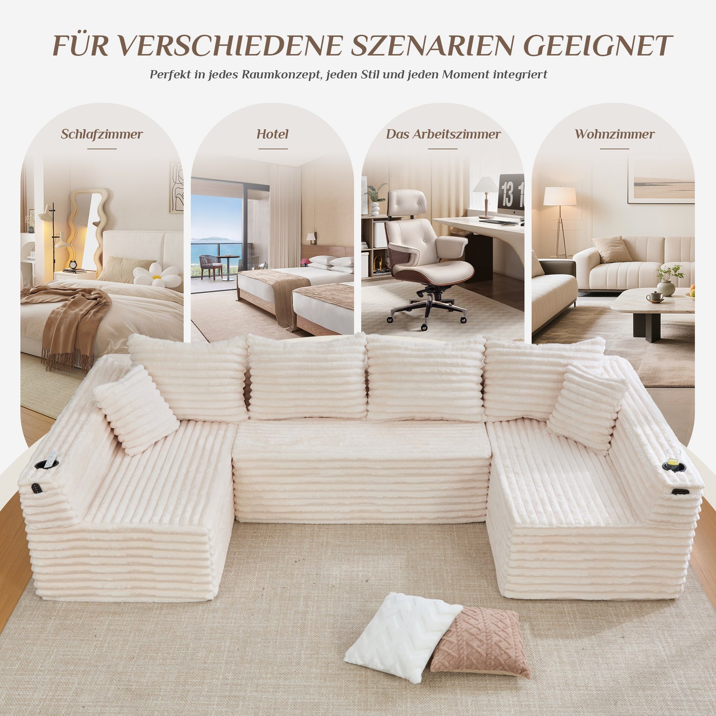 U-förmiges Cord-Sofa mit Getränkehaltern und Seitentaschen, Federkernpolsterung, 4 Rückenkissen und 2 Zierkissen. Ergonomisch geformt für angenehmes langes Sitzen – ideal für Wohnung und Wohnzimmer.